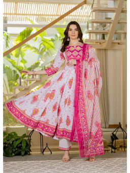 MIZAZJAIPUR - Women Cotton Printed Pink Anarkali Kurta with Pant & Dupatta