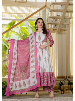 MIZAZJAIPUR - Women Cotton Floral Printed White Anarkali Kurta with Pant & Dupatta