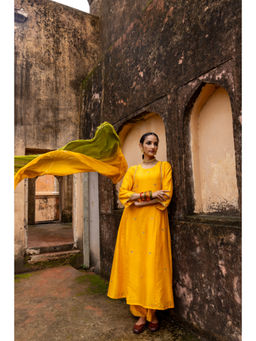 Suramya - Embroidered Yellow Kurta with Pant and Dupatta