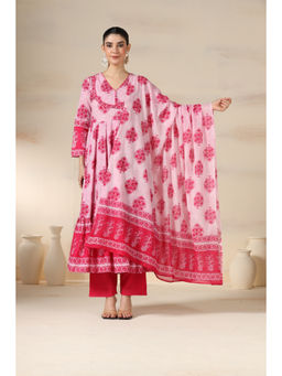 MIZAZJAIPUR - Women Cotton Floral V-Neck Pink Angrakha Kurta Pant & Dupatta