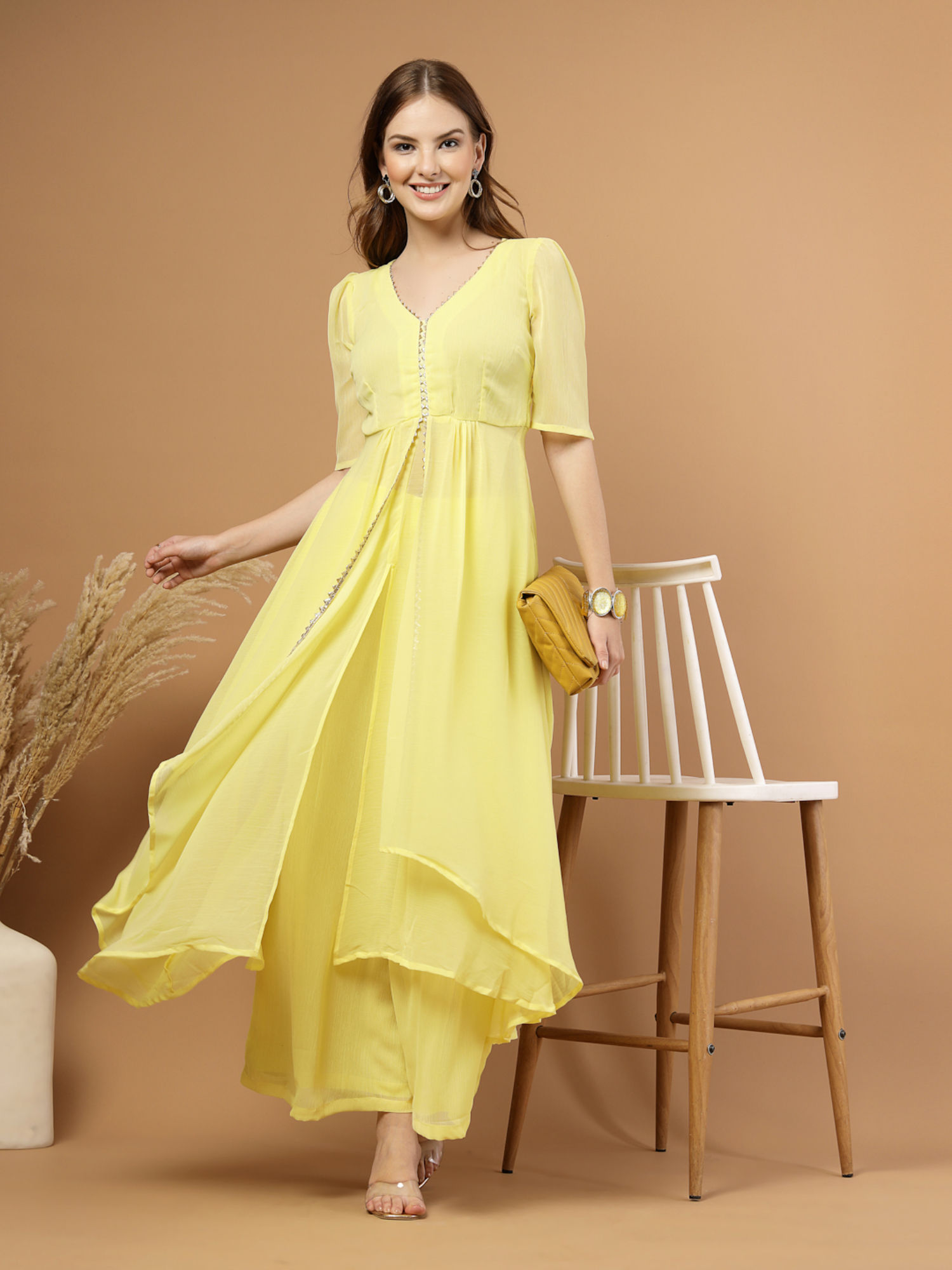 raassio Yellow Women Solid High Low Laced Co-Ord Set-picture-15