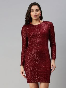 SHOWOFF - Women's Above Knee Embellished Maroon Round Neck Bodycon Dress