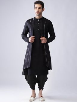 KISAH - Men Black Printed Cotton Blend Kurta Jacket Dhoti Set with Tie & Dye Design