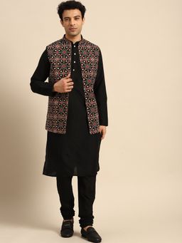 KISAH - Men Black Kurta Nehru Jacket Churidar (Set of 3)