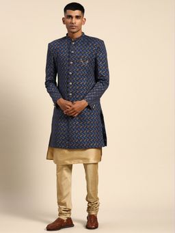 KISAH - Mens Navy Blue Sherwani Churidar Kurta (Set of 3)