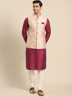 KISAH - Men Light Pink Printed Silk Blend Jacquard Kurta Jacket Churidar Set with Floral Design
