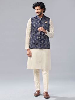 KISAH - Men Navy Blue Nehru Jacket Trouser Kurta (Set of 3)