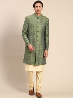 KISAH - Mens Olive Sherwani Churidar Kurta (Set of 3)