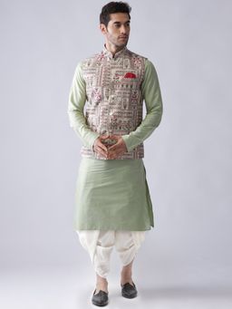 KISAH - Men Multi Color Printed Nehru Jacket Dhoti Kurta