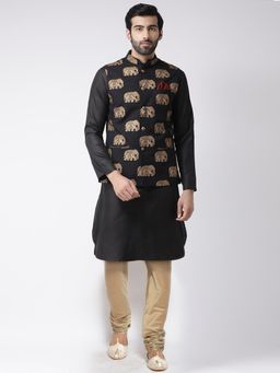KISAH - Men Black Nehru Jacket Churidar Kurta (Set of 3)