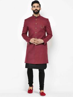 KISAH - Men Maroon Solid Cotton Blend Kurta Indowestern Sherwani Churidar Set