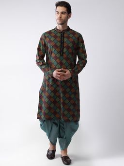 KISAH - Men Multi Coloured Printed Cotton Blend Kurta Dhoti Set with Gundi Buttons