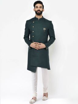 KISAH - Men Olive green Solid Cotton Blend Indowestern Sherwani Churidar Set
