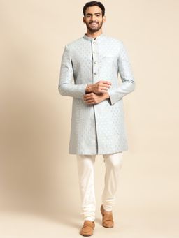 KISAH - Men Blue Textured Cotton Blend Indowestern Sherwani Churidar Set with Ethnic Motifs