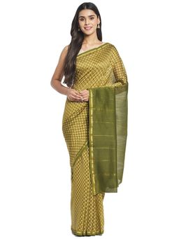 Fabindia - Green Hand Block Print Cotton Silk Sari