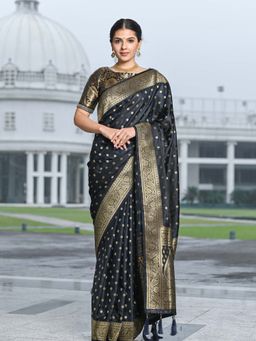 Beatitude - Navy Blue Banarasi Satin Silk Woven Saree with Unstitched Blouse