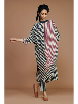 Mati - Ribbed Cowl Tunic Striped Ivory Co-Ord (Set of 2)