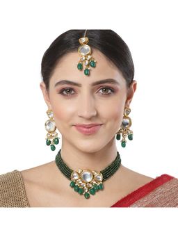 Karatcart - Green Gold Plated Crystal and Polki Kundan Choker Necklace Set for Women (Set of 3)