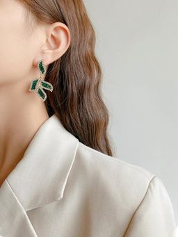 Yellow Chimes - Gold Tone Crystal Studded Leaflet Designed Drop Dangle Earrings