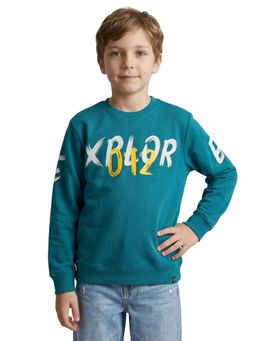 Monte Carlo - Boys Teal Regular Fit Round Neck Printed Winter Sweatshirt