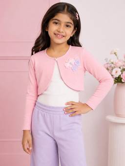 KiddoPanti - Girls Floral Applique Pearl Detail Fleece Full Sleeve Crop Shrug