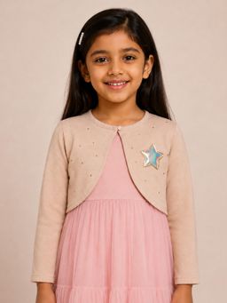 KiddoPanti - Girls Metallic Star Stone Embellishment Fleece Full Sleeve Crop Shrug
