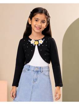 KiddoPanti - Girls Crochet Flower Stone Embellishment Fleece Full Sleeve Crop Shrug