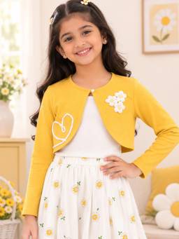 KiddoPanti - Girls Crochet Heart Flower Applique Fleece Full Sleeve Crop Shrug
