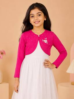 KiddoPanti - Girls Floral Applique Stone Embellishment Fleece Full Sleeve Crop Shrug