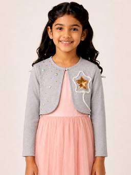 KiddoPanti - Girls Sequin Star Pearl Embellishment Fleece Full Sleeve Crop Shrug