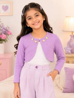KiddoPanti - Girls Floral Neck Embellishment Fleece Full Sleeve Crop Shrug