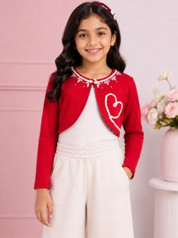 KiddoPanti - Girls Crochet Heart Pearl Neck Detail Fleece Full Sleeve Crop Shrug