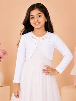 KiddoPanti - Girls Floral Pearl Neck Embellishment Fleece Full Sleeve Crop Shrug