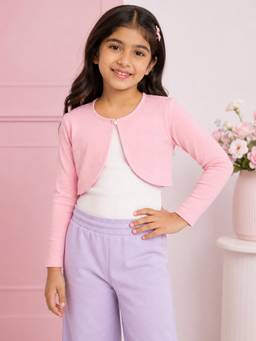 KiddoPanti - Pink Girls Fleece Full Sleeves Solid Crop Shrug