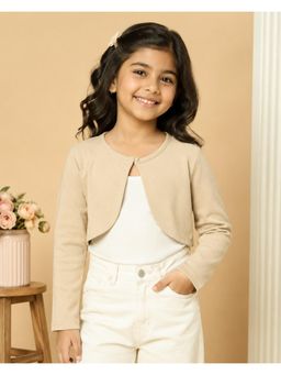 KiddoPanti - Beige Girls Fleece Full Sleeves Solid Crop Shrug