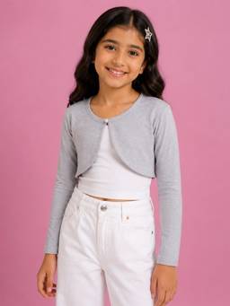KiddoPanti - Grey Girls Fleece Full Sleeves Solid Crop Shrug