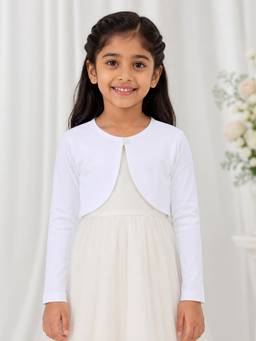 KiddoPanti - White Girls Fleece Full Sleeves Solid Crop Shrug