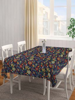 ARRABI - Navy Blue Floral Cotton Blend 8 Seater Table Cover