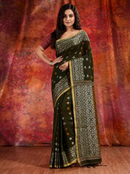 CHARUKRITI - Bottle Green Cotton Soft Saree with Woven Design and Unstitched Blouse