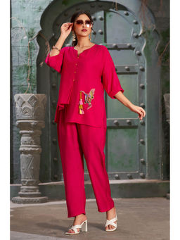 Curvy Lane - Plus Size Hot Pink Silk Cotton Round Neck Co-Ord (Set of 2)