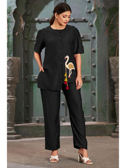 Curvy Lane - Plus Size Black Silk Cotton Solid Round Co-Ord (Set of 2)