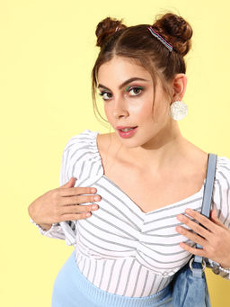 Marie Claire - Women Casual White Colour Sweetheart Neck Vertical Stripes Regular Top