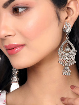 Yellow Chimes - Silver Oxidised Traditional Jhumka Chandbali Earrings