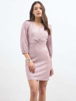 SALT Attire - Blushrose Pink V Neck Textured Mini Dress