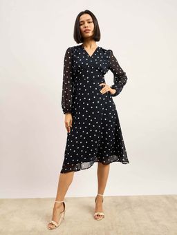 SALT Attire - Blue Polka Dots V Neck Fit and Flare Full Sleeves Midi Dress