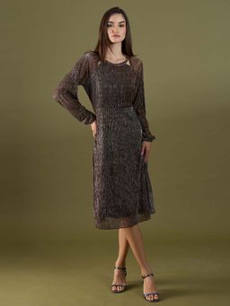 SALT Attire - Bronze A-Line Round Neck Flared Full Sleeves Solid Midi Dress