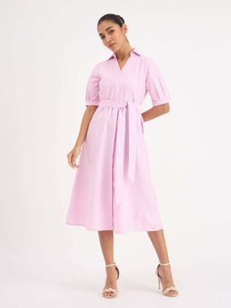 SALT Attire - Pink Collar Neck Stripes A Line Midi Dress With Belt