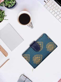 The Clownfish - Blue Printed Handicraft Fabric Vegan Leather Ladies Wallet