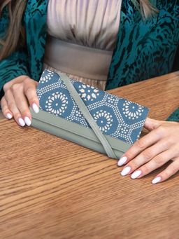 The Clownfish - Blue Printed Handicraft Fabric Vegan Leather Ladies Wallet (Set Of 2)