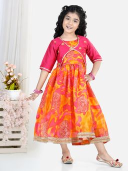 Kinder Kids - Pink Foil Printed Long Dress with A Embroidered Jacket (Set of 2)